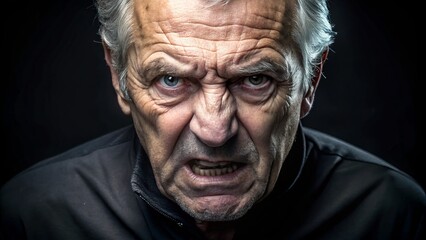 Obraz premium A powerful portrait of an elderly man, his intense anger palpable against a striking black background, capturing