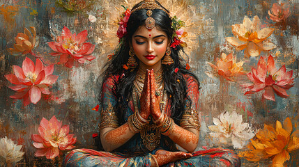 Serene Woman with Lotus Flowers and Traditional Attire