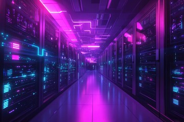 Neon lit server room with glowing lights. Represents technological advancements and digital storage.