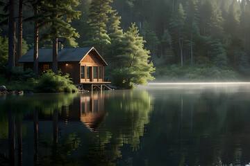 Obraz premium Serene Nature Escape:A peaceful, hyper-realistic scene of a cabin in the woods, surrounded by towering trees