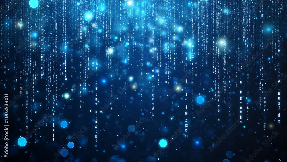 Poster Abstract blue background with white digital code and bokeh lights.