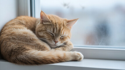 A peaceful orange cat sleeping on a windowsill with birds in the background.
