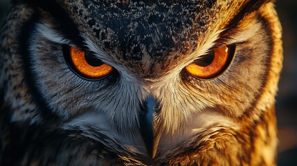 owl, in the style of dramatic lighting, dark black and orange, close-up, photo-realistic techniques, high resolution