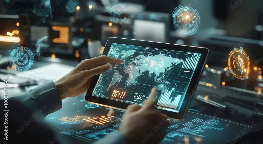 Poster a person's hand gestures across a tablet displaying a world map with glowing light blue lines, data,