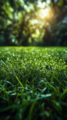 Naklejka premium Close-up of lush green grass with blurred trees in the background.