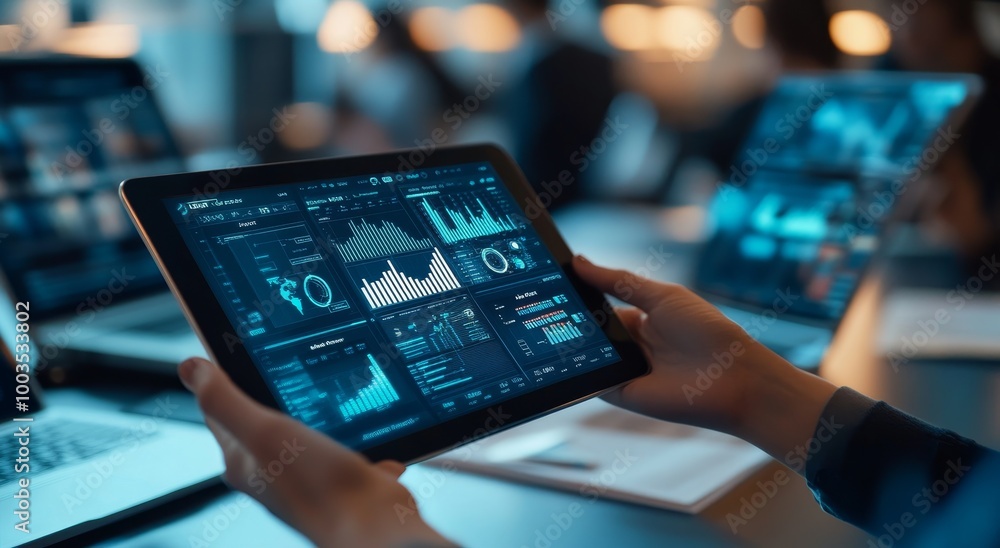 Poster close-up of a person's hands holding a tablet displaying charts and data, a laptop in the background