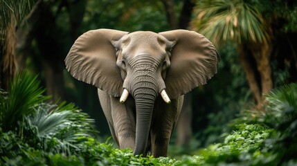 A large elephant stands in a lush jungle. This image represents the beauty and power of nature.