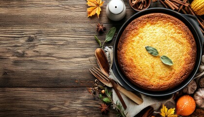 Deliciously baked cornbread with spices on a rustic wooden table.