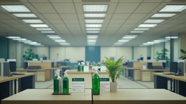 An office space with cleaning supplies and plants, promoting hygiene and wellness.