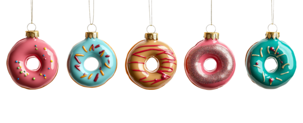 Colorful donut-shaped christmas ornaments set  cut out on transparent background