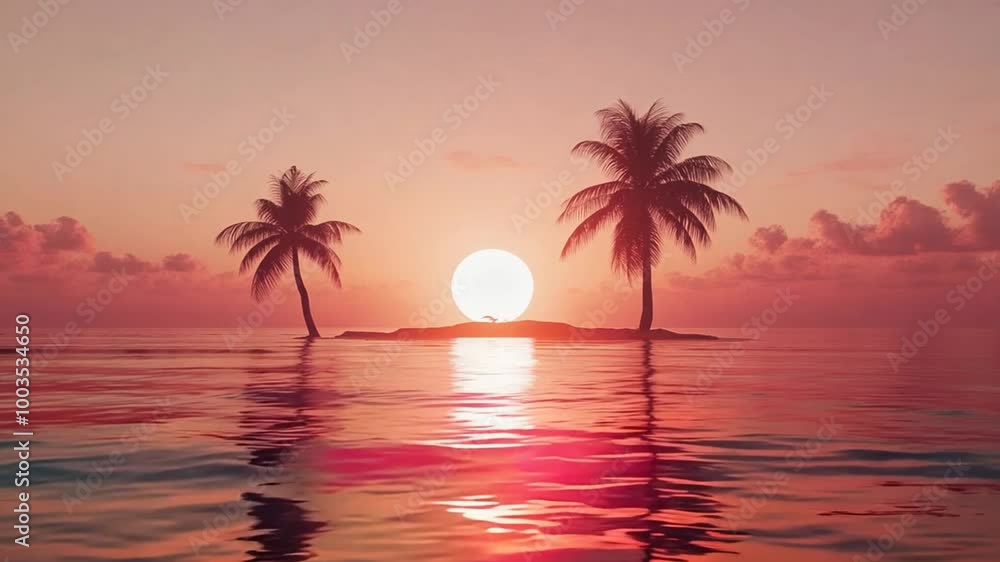 Poster serene sunset over a tranquil island with palm trees at twilight generative ai
