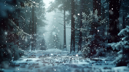 Snowy winter landscape with falling snowflakes and frosted trees under a clear sky