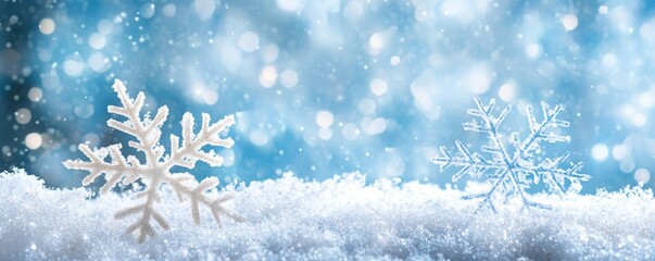 Snowflakes on snowy ground with blurred bokeh