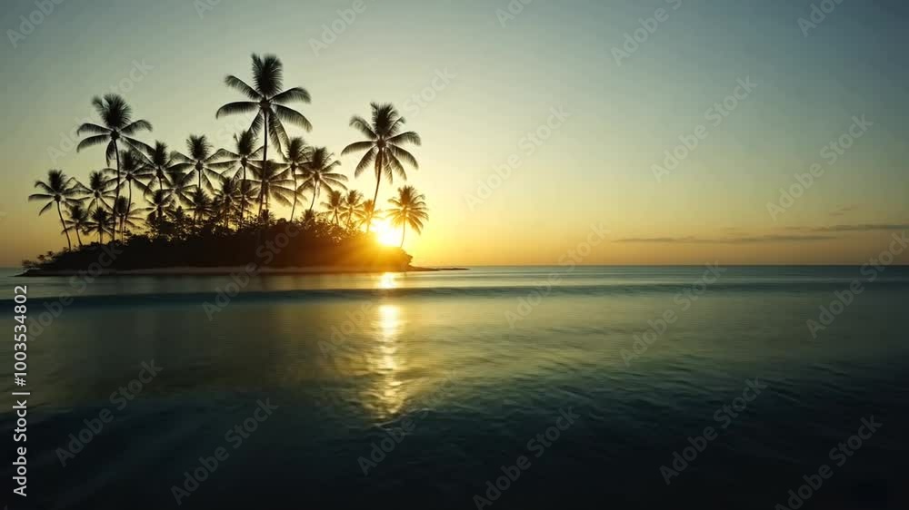 Poster sunset over a tranquil island with palm trees and gentle waves generative ai