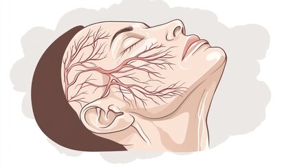 Anatomical illustration of a human head showing vascular structures.