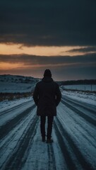 Fototapeta premium Person walking along snowy road at dusk