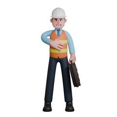3D Architect Male in Professional Setting. An Architect is standing with his left hand holding a briefcase while his right hand is in front of his chest. Design