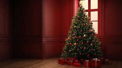 Festively decorated christmas tree with ornaments, lights, and gifts in a cozy living room setting