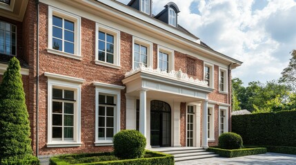 Fototapeta premium A brick cladding wall with symmetrical white stucco accents along the top, creating a balanced and decorative design.