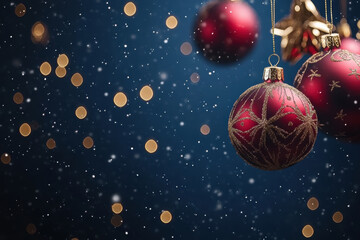 wallpaper, dark blue background with golden Christmas ornaments and red Christmas balls . AI generative.