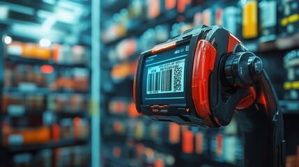 Fototapeta premium Close-up of a barcode scanner verifying product codes, accuracy, inventory and quality control. 3D render, hyper realistic photo for magazine