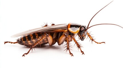 A dead cockroach, legs up and antennae extended, on a bright white background, with space for labeling or information.
