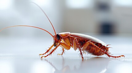 A dead cockroach on a white surface, its legs and antennae clearly visible, perfect for pest control imagery.