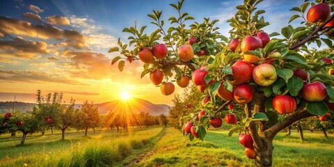 A tranquil orchard glistens in golden hour light, its lush apple tree heavy with ripe fruit, casting gentle