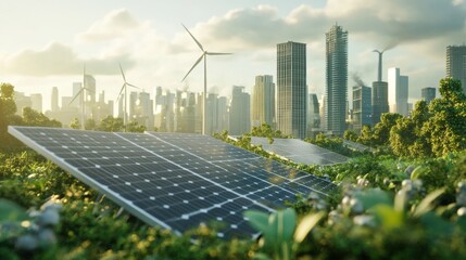 Fototapeta premium Concept of environmental technology being implemented globally, with visuals of solar