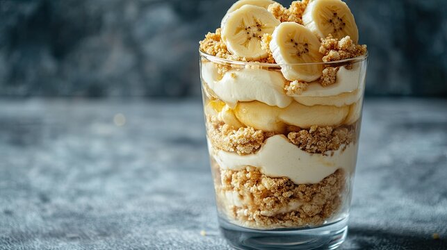A delicious banana pudding parfait in a clear glass, layered with crushed cookies, banana slices, and smooth pudding, with empty copy space.