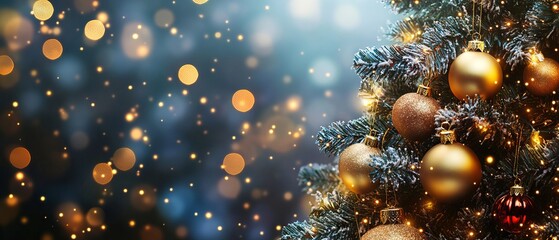 Festive christmas holidays banner with decorated tree and sparkling bokeh lights background