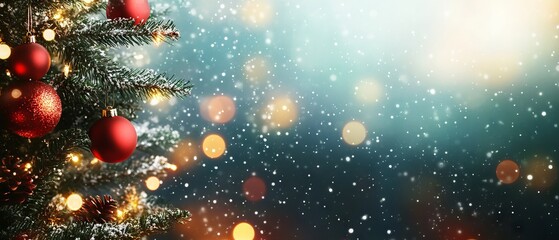 Festive christmas holidays banner with decorated tree and sparkling bokeh lights background