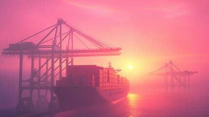 Obraz premium Container ship at sunset with cranes in soft, foggy atmosphere.