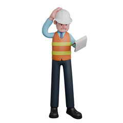 Professional Male Design Character. An architect stands holding a clipboard with his left hand while his right hand is holding his head. 3D Architect