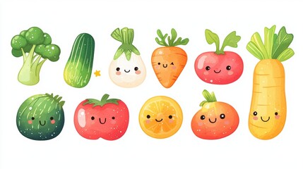Cute cartoon vegetables with smiling faces, white isolate background.
