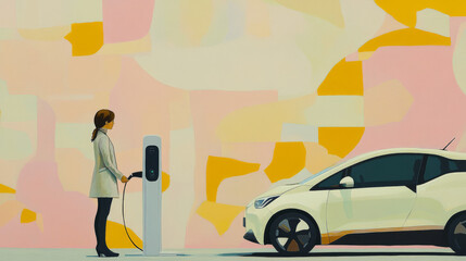 Naklejka premium Woman charging her electric car against a colorful wall.