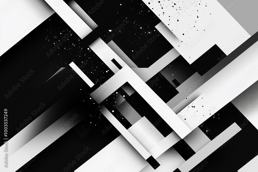 Poster black and white abstract design with white lines and squares. the design is made up of various shape