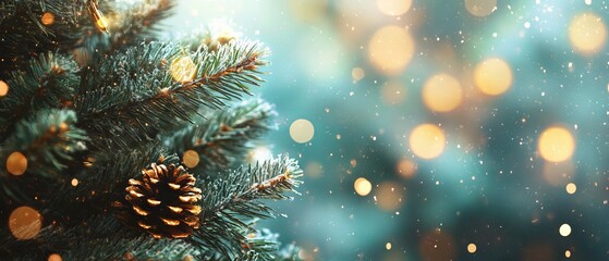 Festive christmas holidays banner with decorated tree and sparkling bokeh lights background