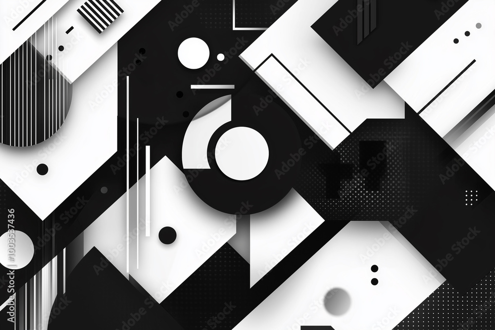 Poster black and white abstract design with a lot of circles and squares. the design is very busy and has a