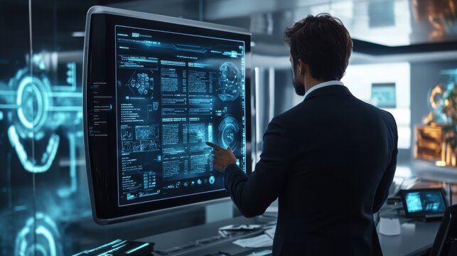 Corporate executive using a futuristic holographic calendar to organize meetings and