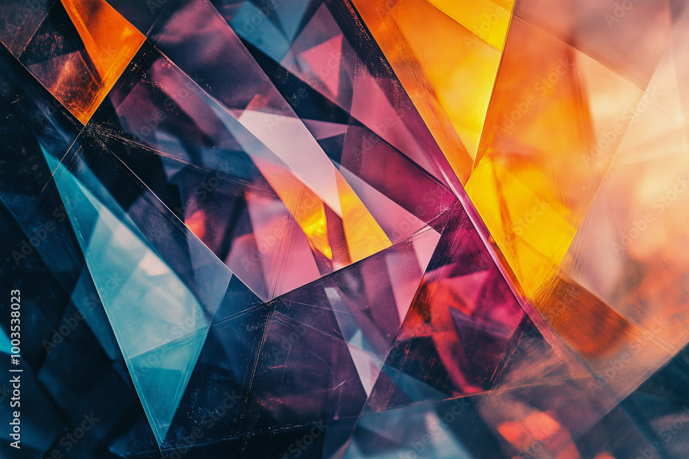 Poster colorful abstract design with blue, red, and white triangles. the design is made up of many differen