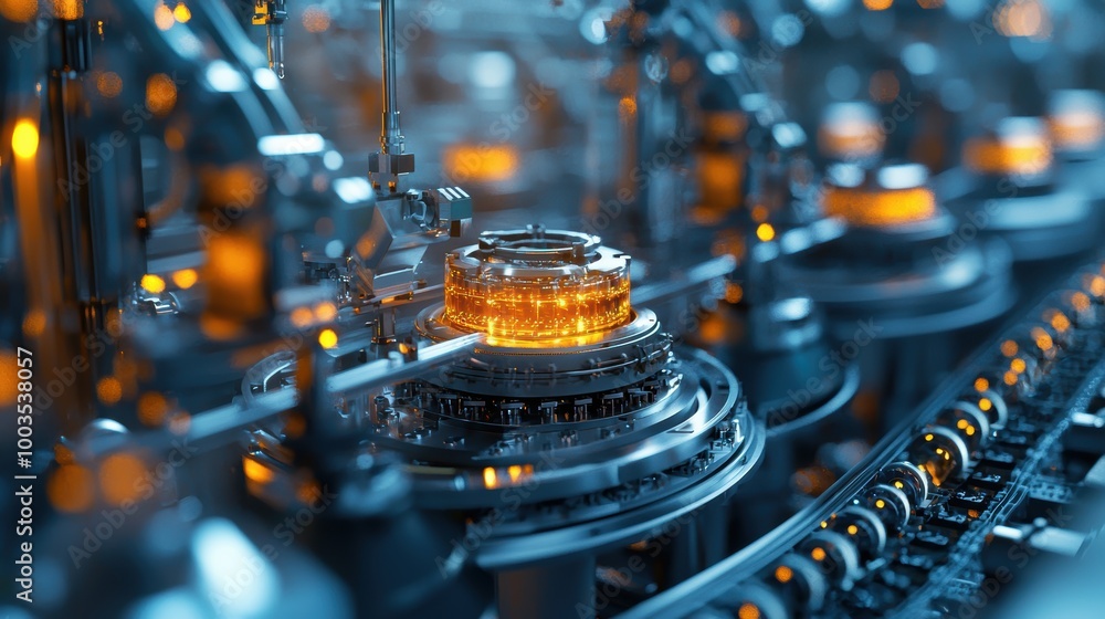 Poster high-tech machinery with glowing components and intricate design.