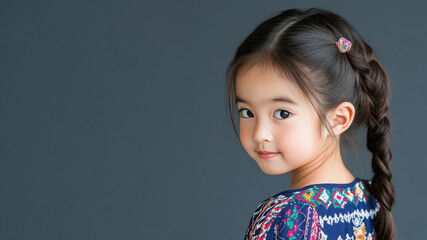 Chinese little girl wearing moroccan kaftan isolated on gray