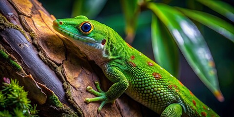 Fototapeta premium A vivid green gecko blends seamlessly with the textured bark and lush leaves of its natural habitat, showcasing