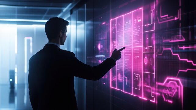 Corporate executive using a futuristic holographic calendar to organize meetings and