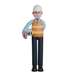 Design Illustration. An architect stands with his right hand holding a blueprint. 3D Male Architect