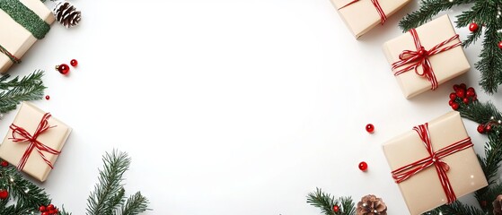 Festive christmas and new year holiday background with gifts on white surface, top view. Flat lay of xmas greeting card featuring noel decorations.