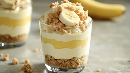 Banana pudding dessert in a glass cup, showcasing layers of smooth pudding, cookie crumbles, and fresh bananas, set against a soft background.