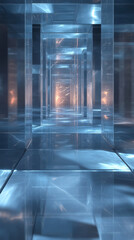 Obraz premium A futuristic hallway with glass walls and a bright light at the end.