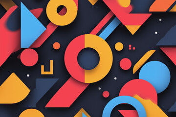 colorful abstract background with a large circle in the middle. The circle is surrounded by squares and triangles. The background is vibrant and energetic, with a sense of movement and creativity
